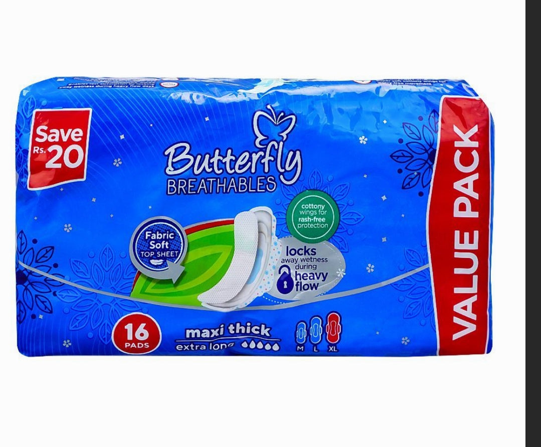 Butterfly Breathables Maxi Thick Pads, Extra Large, 16-Pack