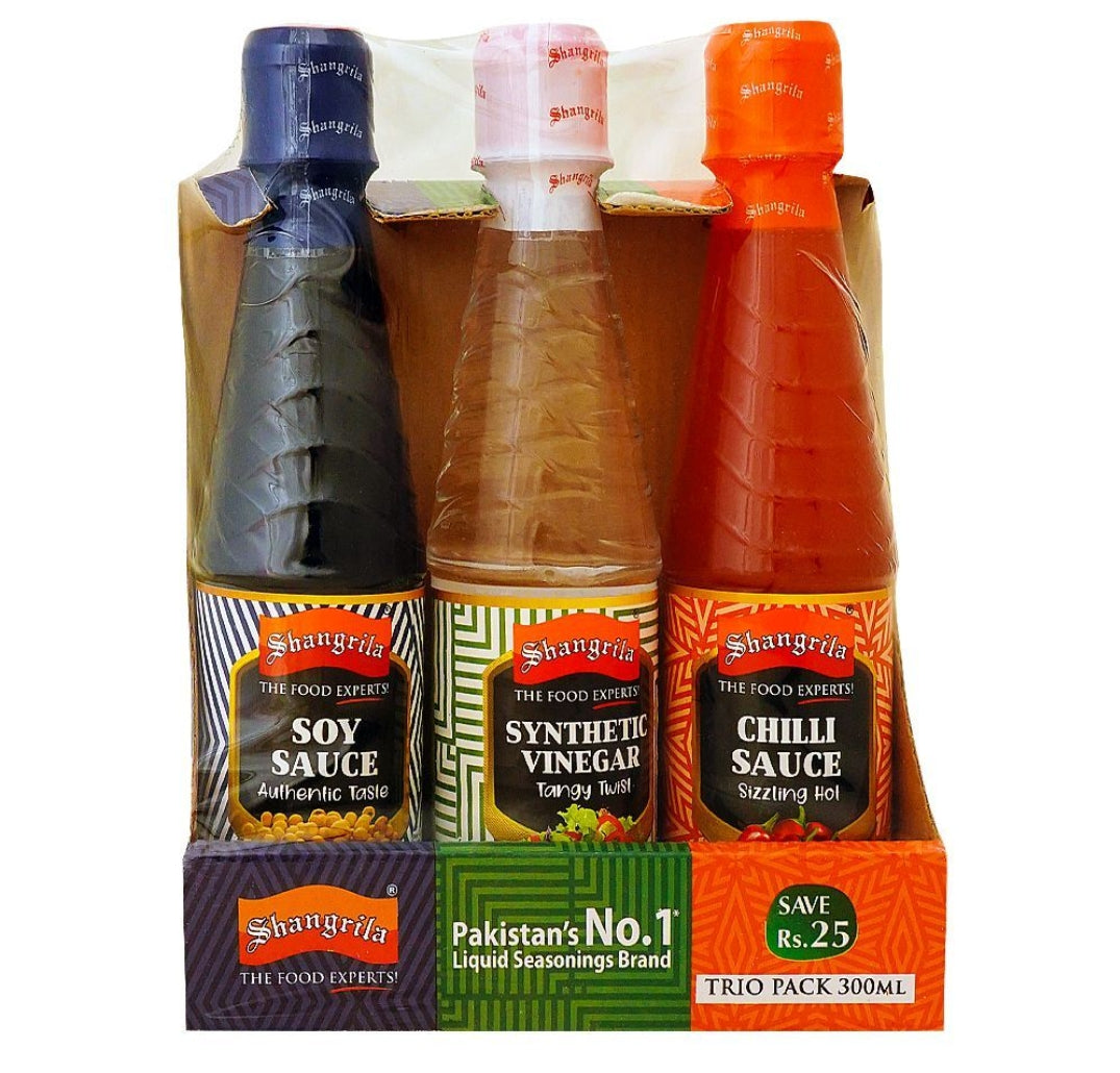 Shangrila Trio Pack, Soy Sauce + Synthetic Vinegar + Chili Sauce, 3x300ml