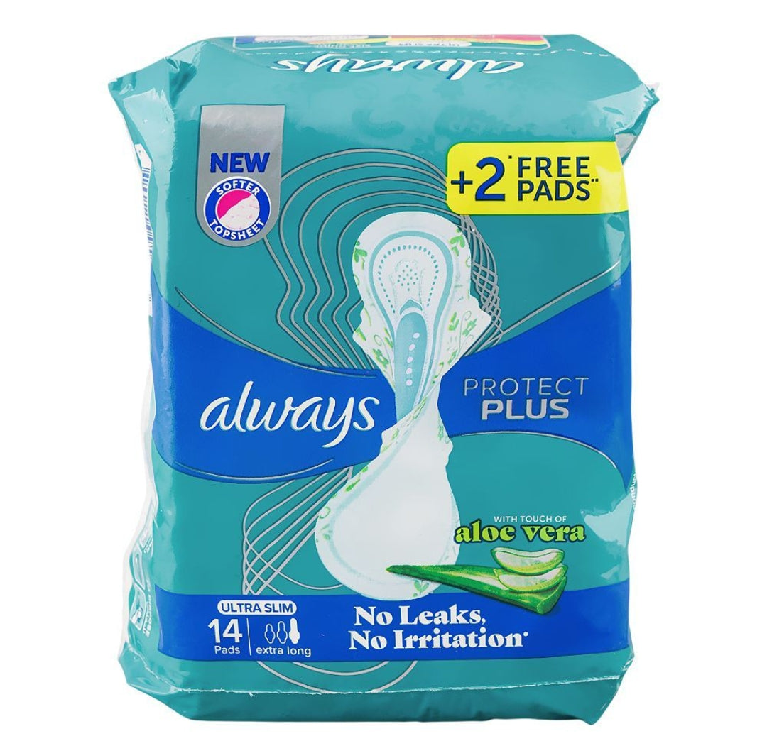 Always Protect Plus With Touch of Aloe Vera Ultra Slim Extra Long Pads, 14-Pack