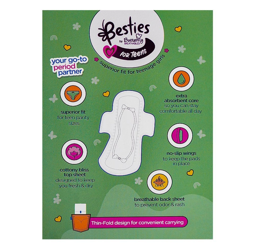 Butterfly Besties For Teens Ultra-Thin Sanitary Napkins, Long, Suitable For Teenage, 8-Pack