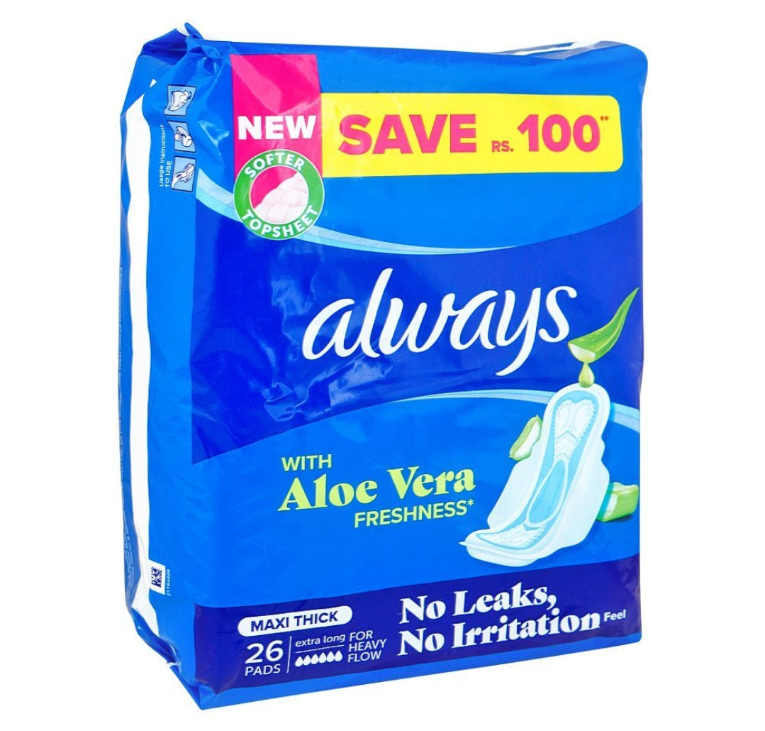 Always Aloe Vera Freshness Maxi Thick Extra Long Pads, 26-Pack, Save Rs.100/-