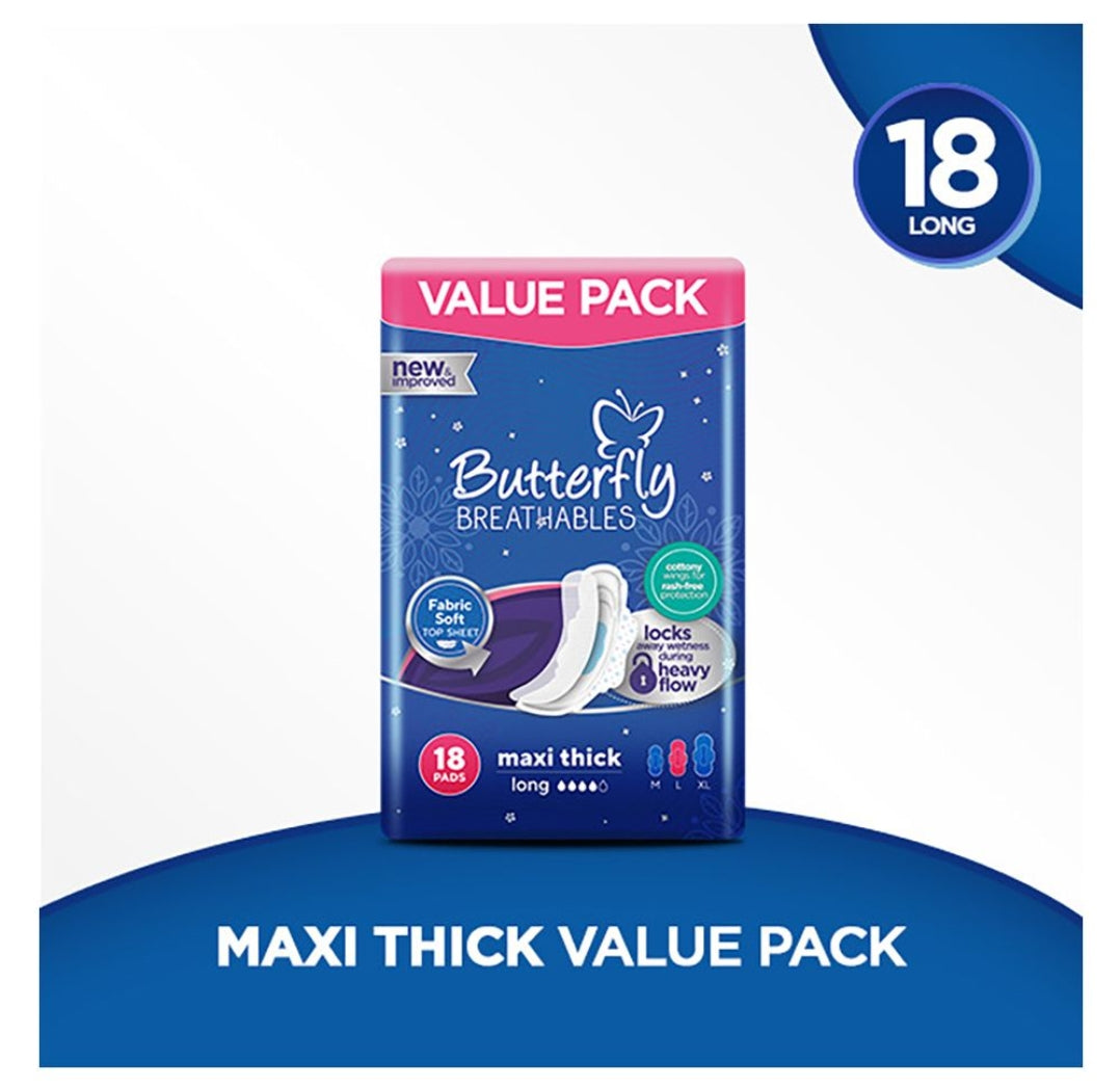 Butterfly Breathables Maxi Thin Pads, Large, 18-Pack