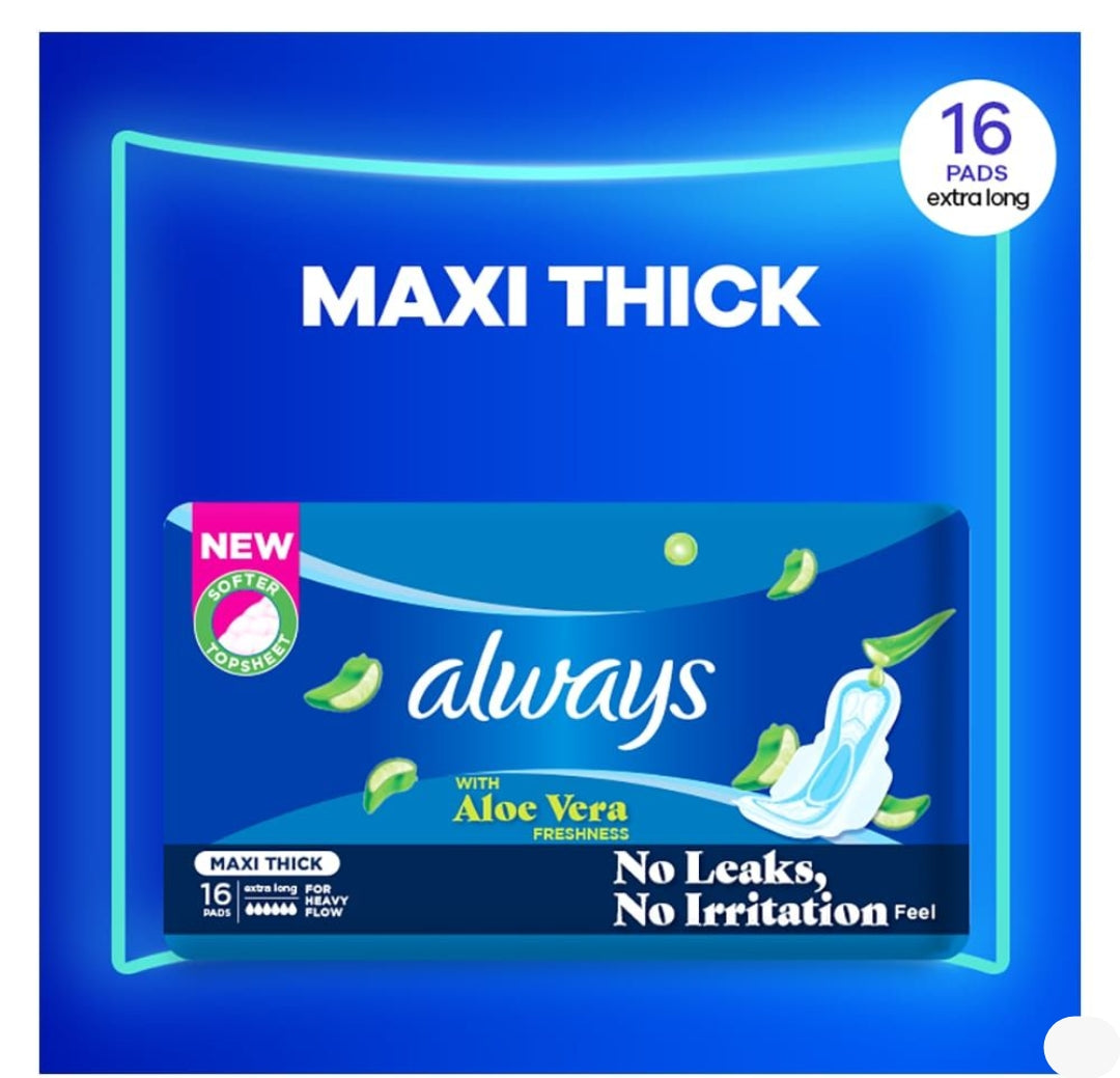 Always Aloe Vera Freshness Maxi Thick Extra Long Pads, 16-Pack