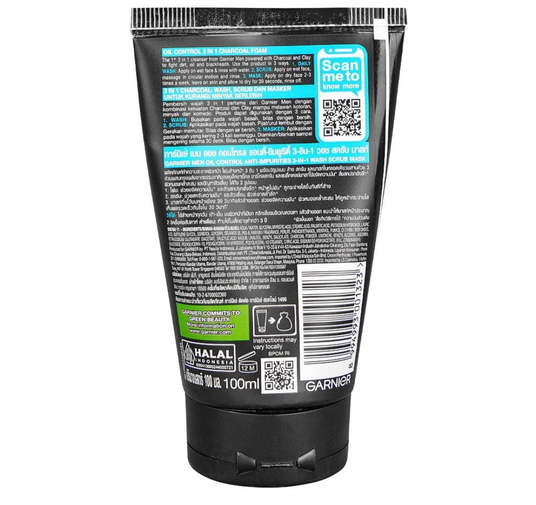 Garnier Skin Active Ultra Clean 3in1 Wash+Scrub+Mask With Charcoal, Paraben Free, 100ml