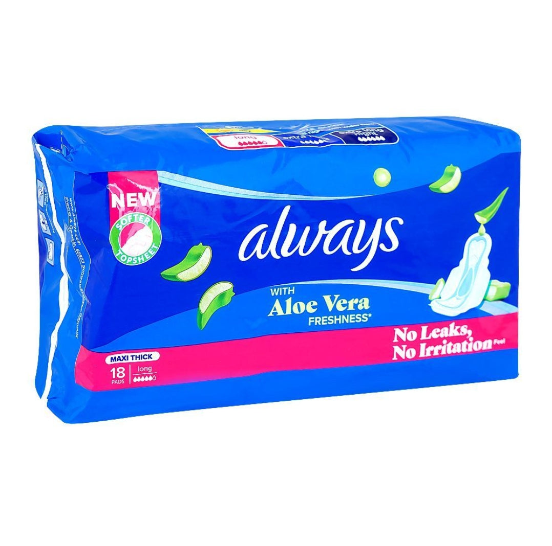 Always Aloe Vera Freshness Maxi Thick Long Pads, 18-Pack