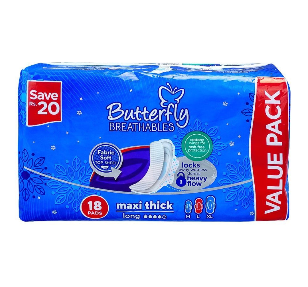 Butterfly Breathables Maxi Thin Pads, Large, 18-Pack