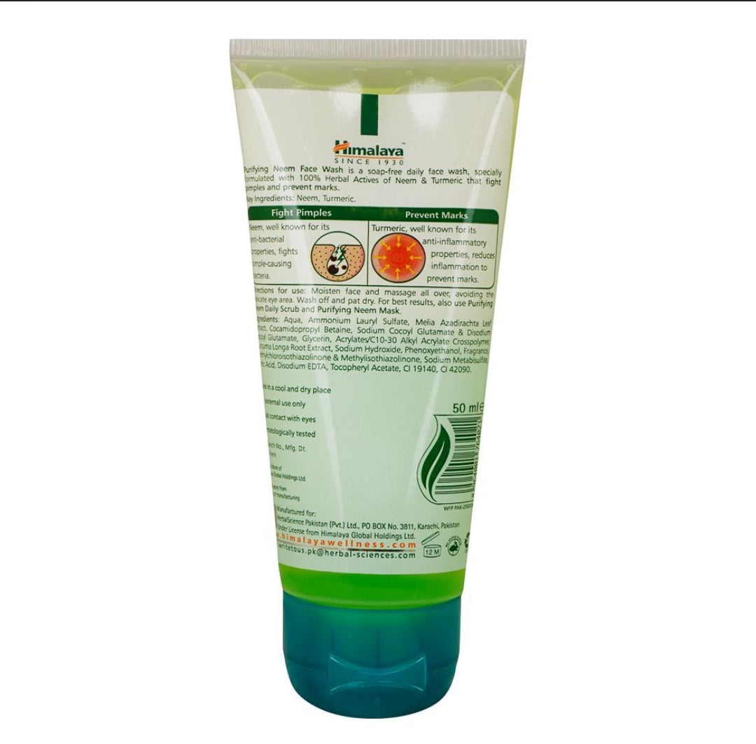 Himalaya Purifying Neem & Turmeric Face Wash, For Normal TO Oily Skin Type, Fights Pimples, 50m