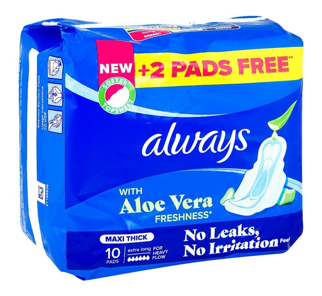 Always Aloe Vera Freshness Maxi Thick Extra Long Pads, 10-Pack
