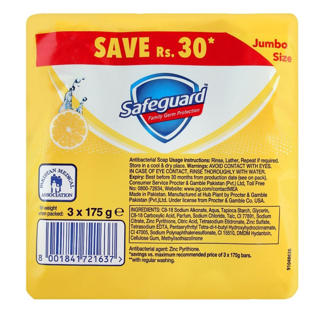 Safeguard Lemon Fresh Soap, Jumbo Size, 175g, 3-Pack