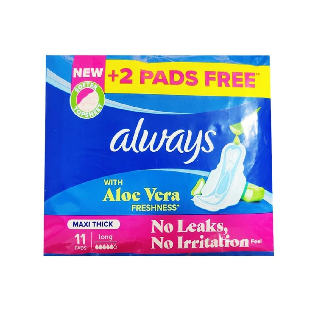 Always Aloe Vera Freshness Maxi Thick Long Pads, 11-Pack+2 Free Pads