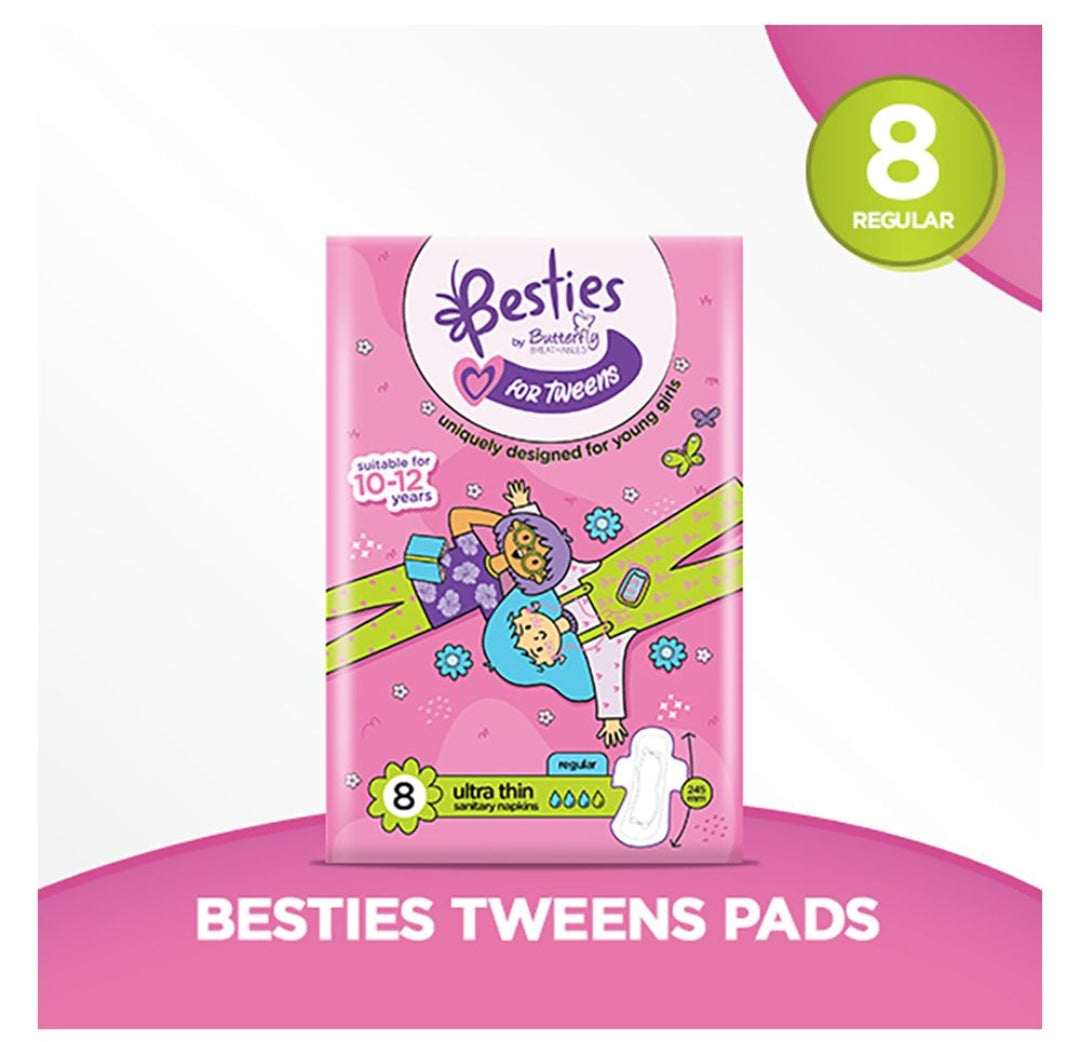 Butterfly Breathables Besties For Tweens Ultra-Thin Sanitary Napkins Regular, Suitable For 10-12 Years, 8-Pack