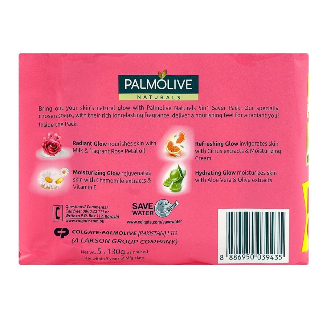 Palmolive Naturals Radiant Glow Milk & Rose Soap, 5 x 130g, 5-In-1 Saver Pack