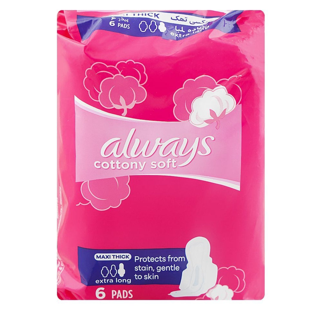 Always Cottony Soft Maxi Thick Extra Long Pads, 6-Pack
