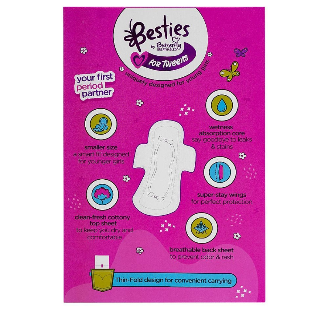 Butterfly Breathables Besties For Tweens Ultra-Thin Sanitary Napkins Regular, Suitable For 10-12 Years, 8-Pack