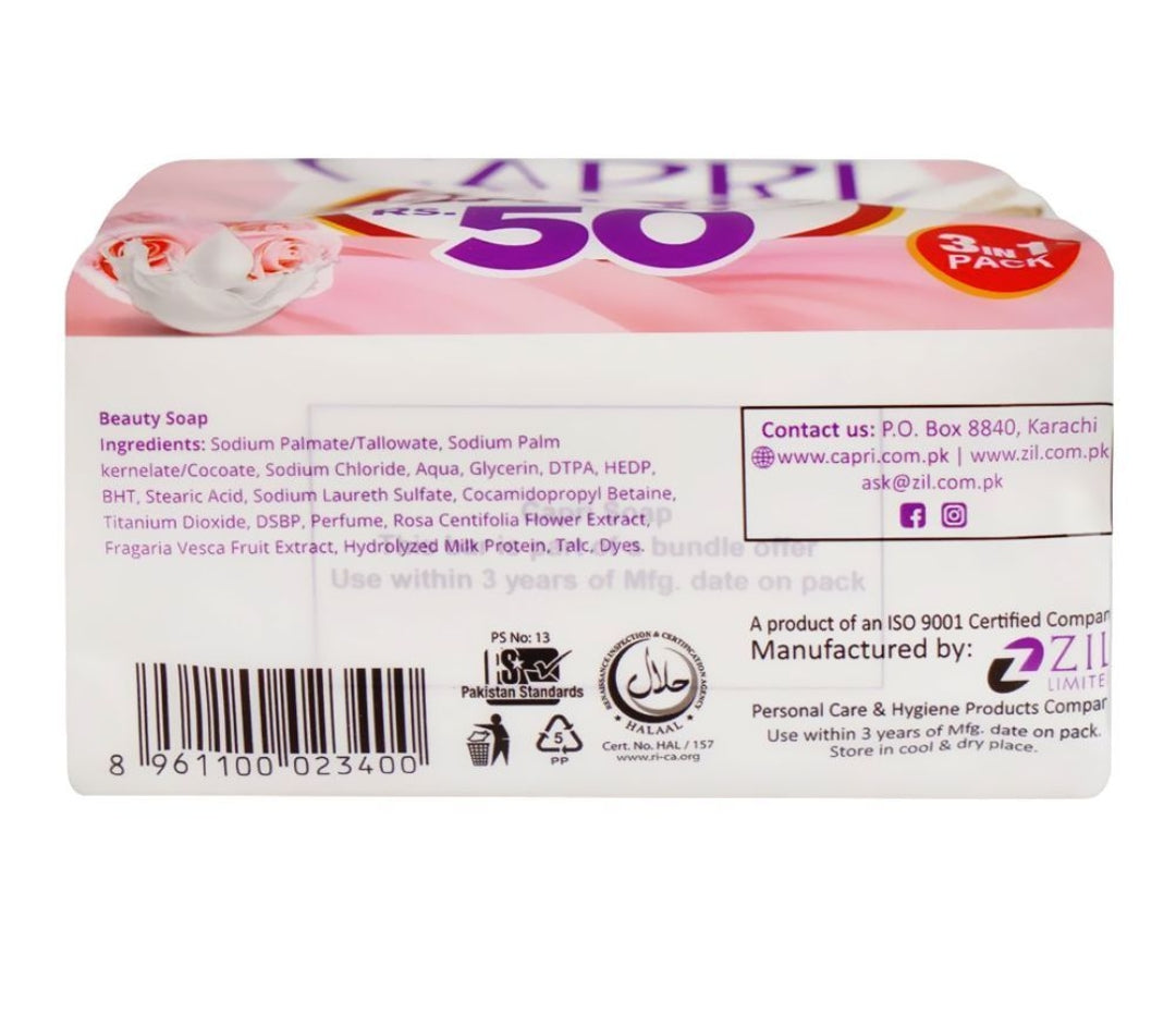 Capri Youthful Glow Milk Protein & Natural Rose Soap, Pink, 3 X 150g