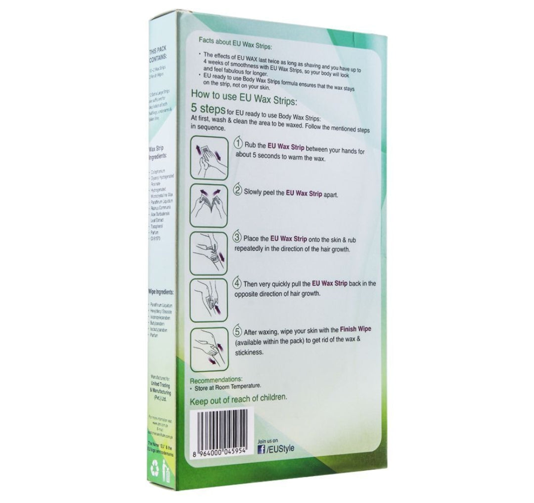 EU Cucumber Wax Strips, Arms, Legs And Body, For All Skin Types, 10+2 Pack
