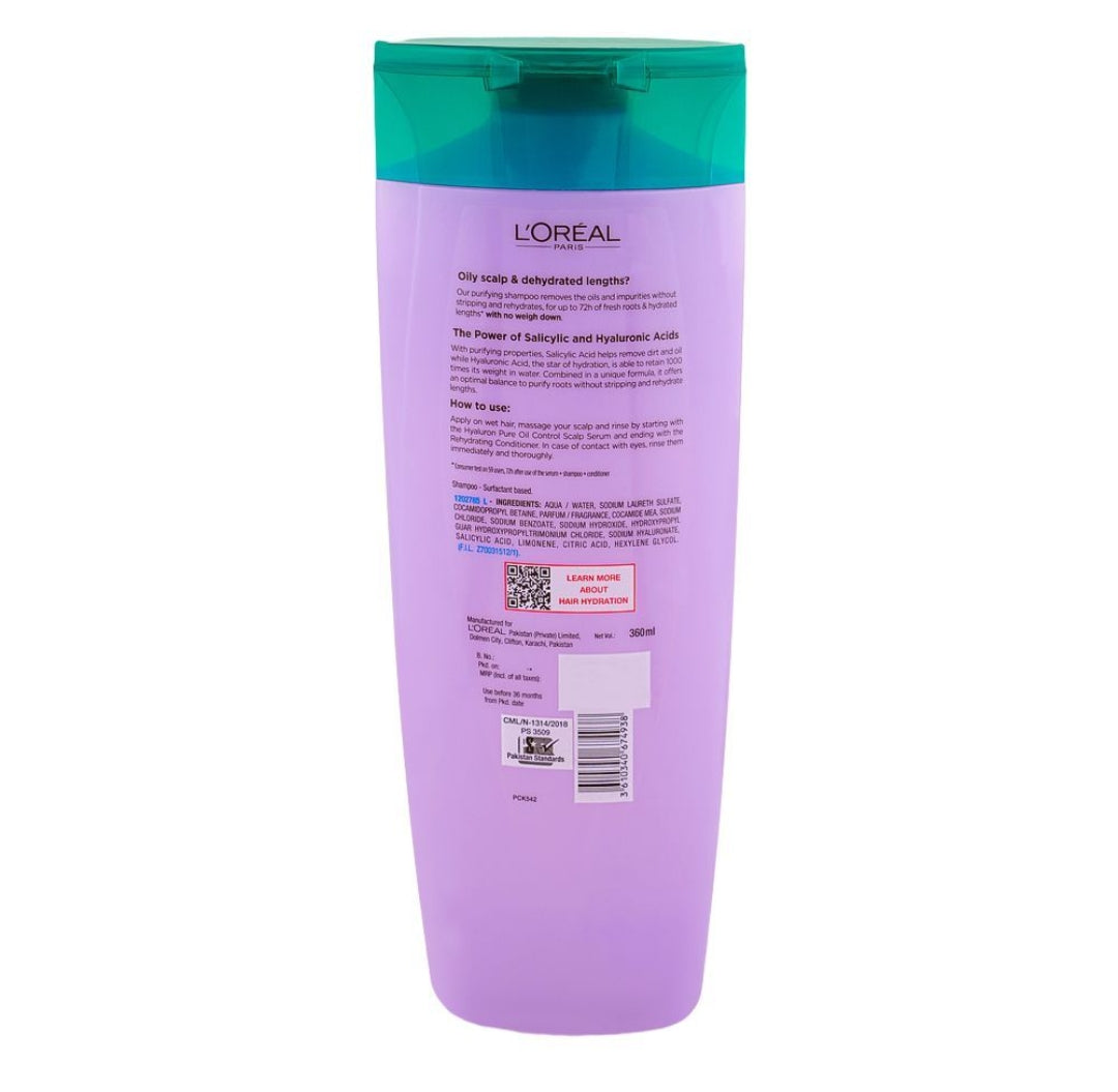 L'Oreal Paris Elvive Hyaluron Pure 72H Purifying Shampoo, Salicylic & Hyaluronic Acid, For Moisturize Hair, 360ml