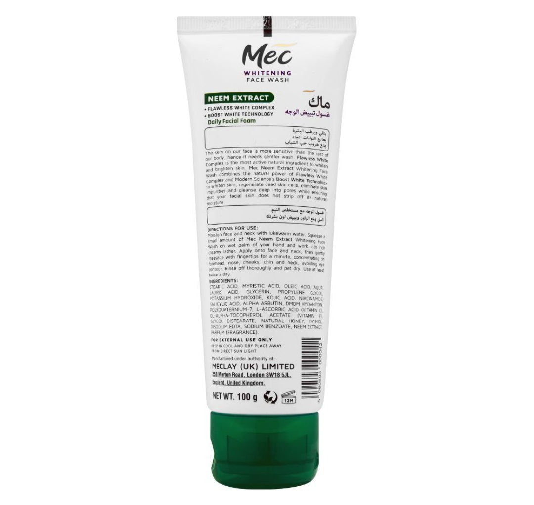 Mec Whitening Face Wash, Prevents Pimples, Daily Facial Foam, Neem Extract, 100g