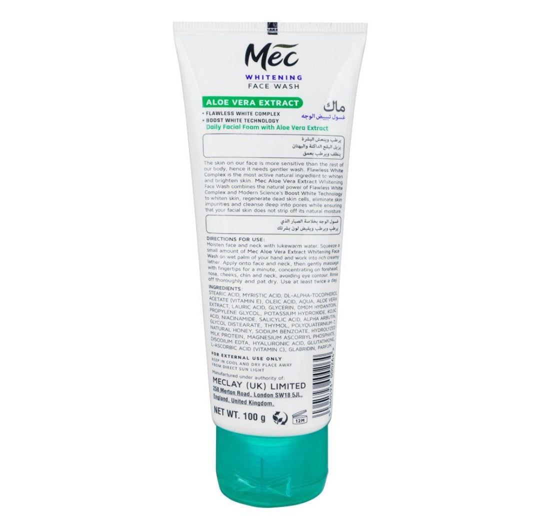 Mec Whitening Face Wash, Hydrates & Refreshes Daily Facial Foam With Aloe Vera Extract, 100g